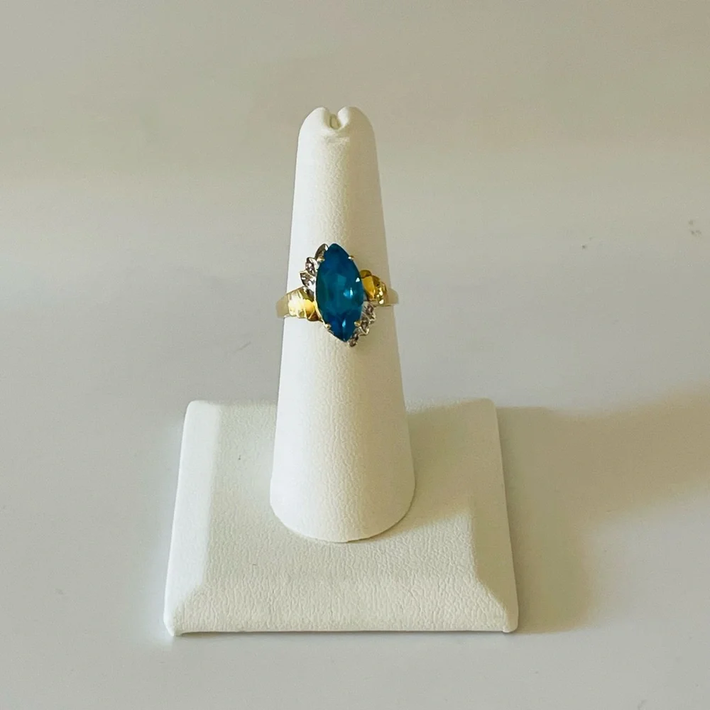 14K Yellow Gold Marquise Blue Topaz Diamond Anniversary Cocktail Statement Sz 7